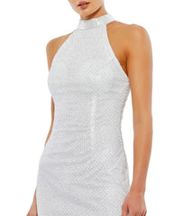 White Hand Embellished Halter Neck Midi Sheath Dress
