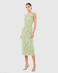 Green Abstract Beaded Sleeveless Midi Sheath Dress