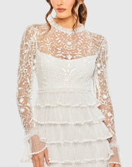 White Embroidered Long Sleeve Ruffled Tiered Dress