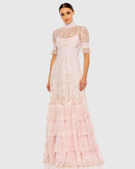Embroidered Floral Tiered Smock Neck Gown
