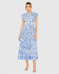 High Neck Ruffle Cap Sleeve Floral Dress