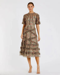 Beige Floral Midi Dress with Ruffle Detailing