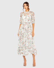 Multicolor Mesh Puff Sleeve Floral Print Dress