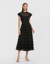 Ruffle High Neck Cap Sleeve Midi Dress