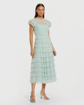Green Ruffle High Neck Cap Sleeve Midi Dress