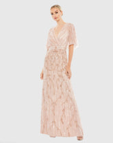 Embellished Cap Sleeve Faux Wrap Trumpet Gown