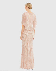 Pink Embellished Cap Sleeve Faux Wrap Trumpet Gown
