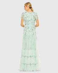 Green Ruffle Tiered Embellished Faux Wrap Flutter Sleeve Gown
