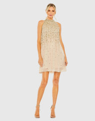 High Neck Sleeveless Sequin Embellished Trapeze Dress