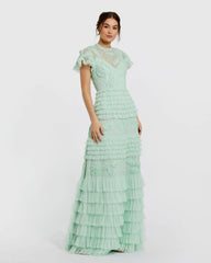 Green Beaded Mesh High Neck Micro Ruffle Gown