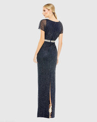 Navy Beaded Short Sleeve Column Gown