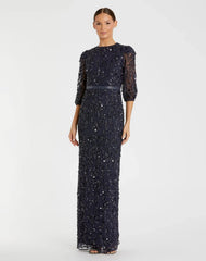 Embellished Column Gown with 3/4 Sleeves