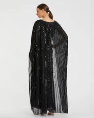 Black Embellished Beaded Column Cape Gown