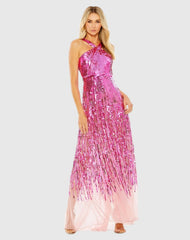 Pink Sequined Cross Front Mesh Detailed Gown