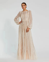 Pink Boat Neck Long Sleeve Gown With Striped Beading