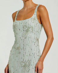 Green Beaded Mesh Scoop Neck Fitted Gown With Bows