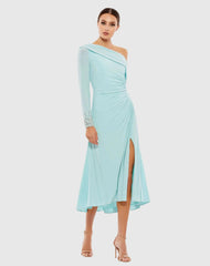 Foldover Long Sleeve Jeweled Midi Dress