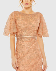 Orange Embellished Neck Butterfly Sleeve Trumpet Gown - FINAL SALE