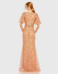 Orange Embellished Neck Butterfly Sleeve Trumpet Gown - FINAL SALE