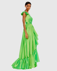 Green Bow One Shoulder Ruffle Asymmetrical Hem Gown