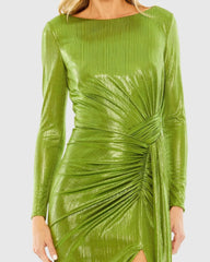 Green Long Sleeve Gathered Waist Metallic Gown