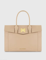 Beige Large Leather Briefcase Bag With Gold Hardware