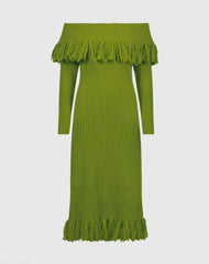 Green Off The Shoulder Fringe Long Sleeve Knit Dress - FINAL SALE