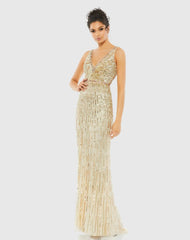 Gold Sequin Embellished Sleeveless Evening Gown