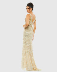 Gold Sequin Embellished Sleeveless Evening Gown