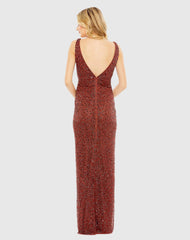 Red Sleeveless Sequined V-Neck Gown