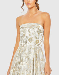 White and Gold Brocade Strapless Golden Floral High Low Gown