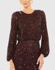 Red High Neck Long Sleeve Beaded Blouson Gown