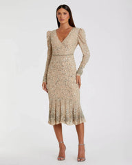Beige Sequin Dress with Embellished Hemline and Belt