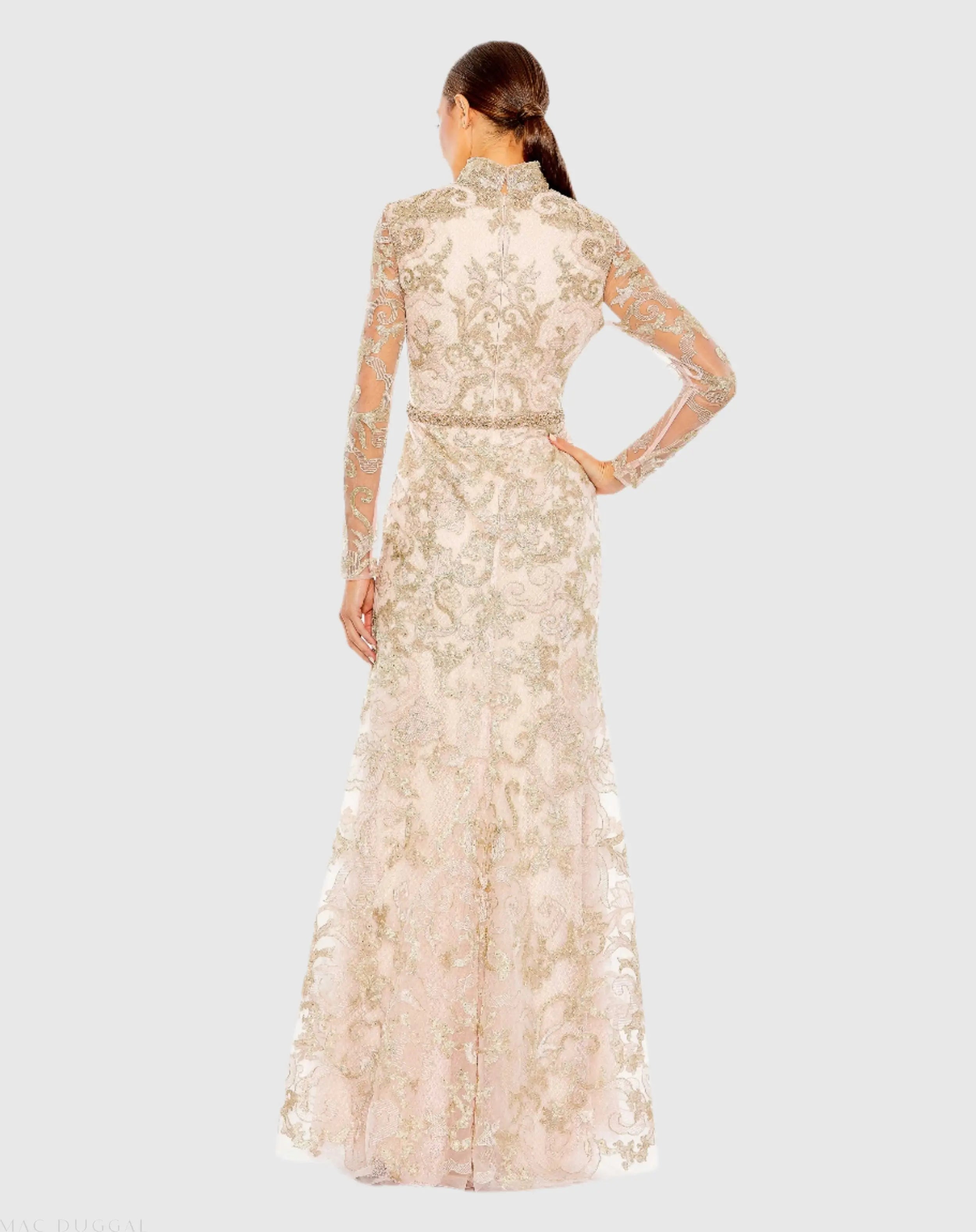Pink Queen Anne Lace Long Sleeve V-Neck Trumpet  Gown