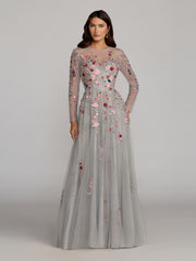 Gray Embroidered Illusion High Neck Long Sleeve A Line Gown