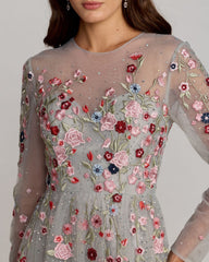 Gray Embroidered Illusion High Neck Long Sleeve A Line Gown