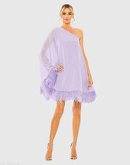 One Shoulder Trapeze Dress with Feather Trim
