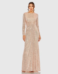 Light Pink Sequined Side Knot Long Sleeve Gown