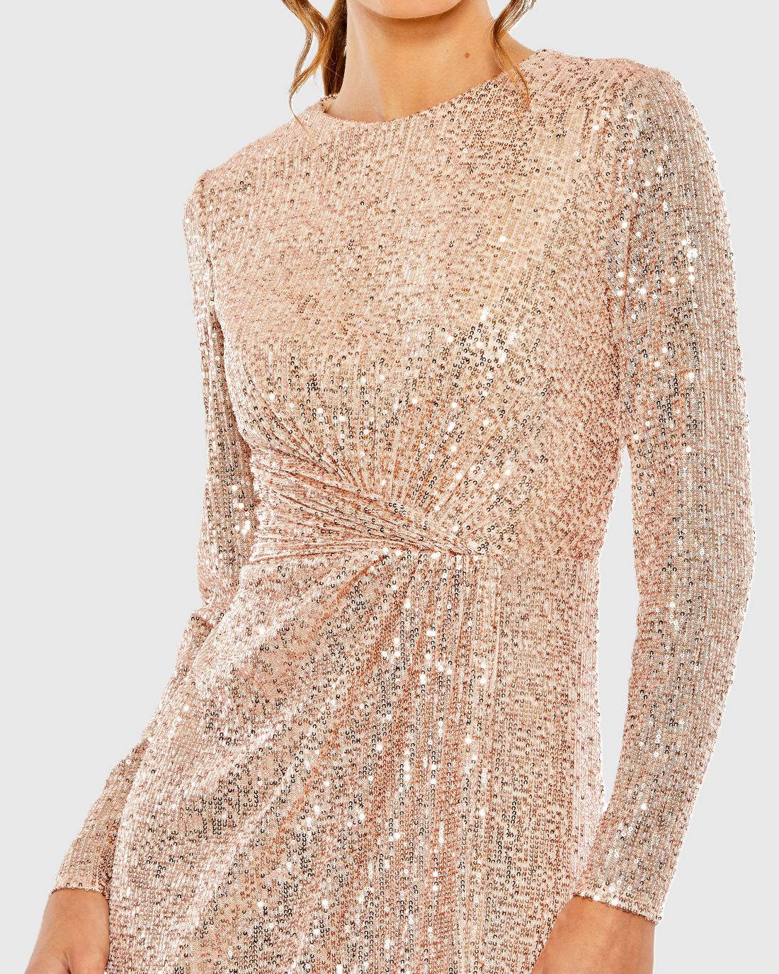 Light Pink Sequined Side Knot Long Sleeve Gown