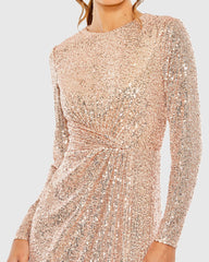 Light Pink Sequined Side Knot Long Sleeve Gown