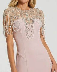 Pink Draped Pearl Beaded Mermaid Gown