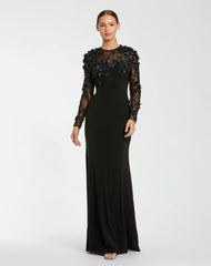 Black Long Sleeve Floral Embellished Column Gown
