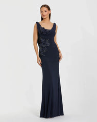 Sleeveless Jersey Cowl Neck Gown With Beading
