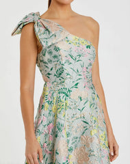 Multicolor One Shoulder Brocade Floral Gown With Bow