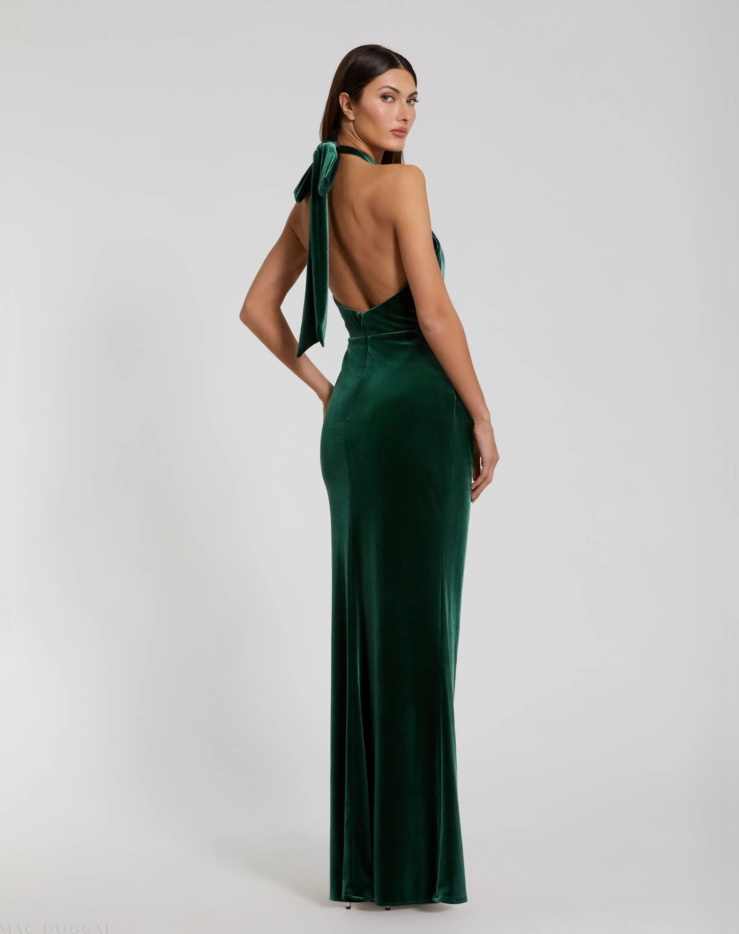 Green Twist Neck Open Front Velvet Draped Gown
