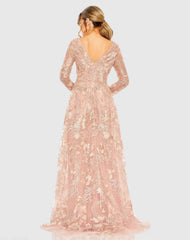 Pink Embellished Long Sleeve V Neck A Line Gown