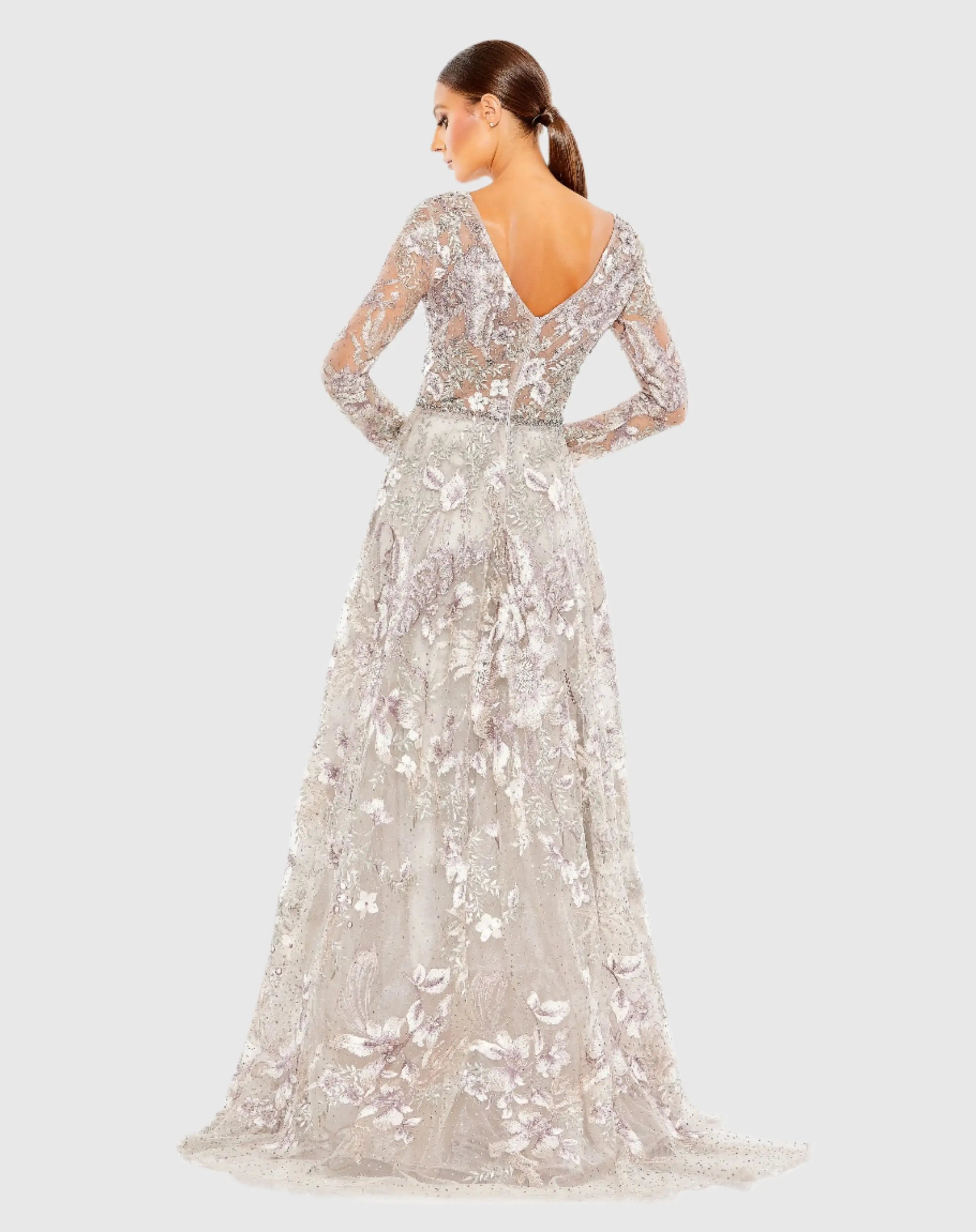 Multicolor Long Sleeve Beaded Applique Gown
