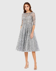 Silver High Neck Above Elbow Sleeve Embellished A Line Dress