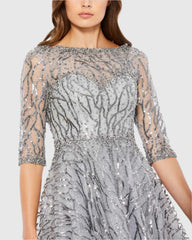 Silver High Neck Above Elbow Sleeve Embellished A Line Dress