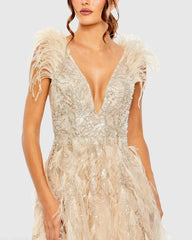 Beige Embellished Feathered Sleeveless A Line Gown